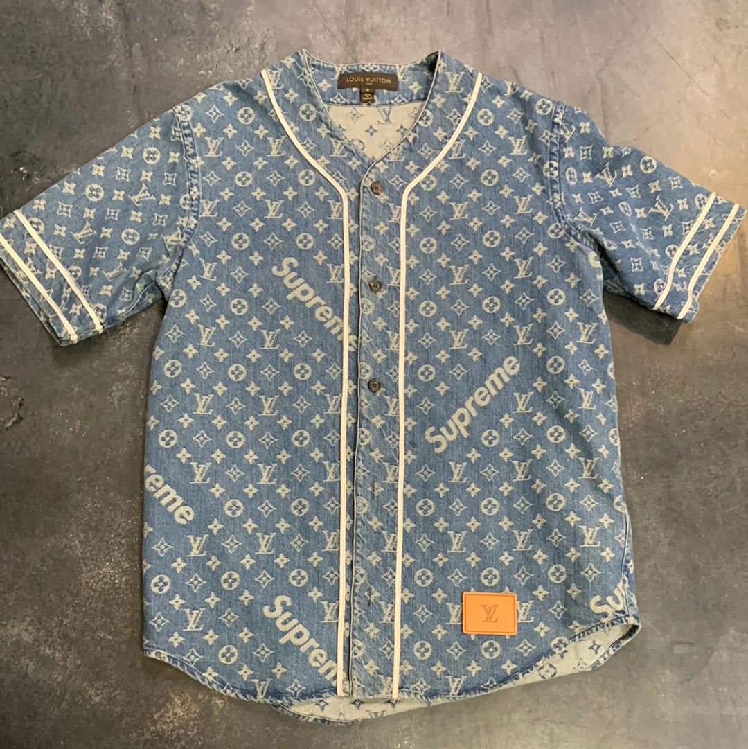 Supreme x Louis Vuitton Jacquard Denim Baseball Jersey Blue account on the  Instagram of @greed101store