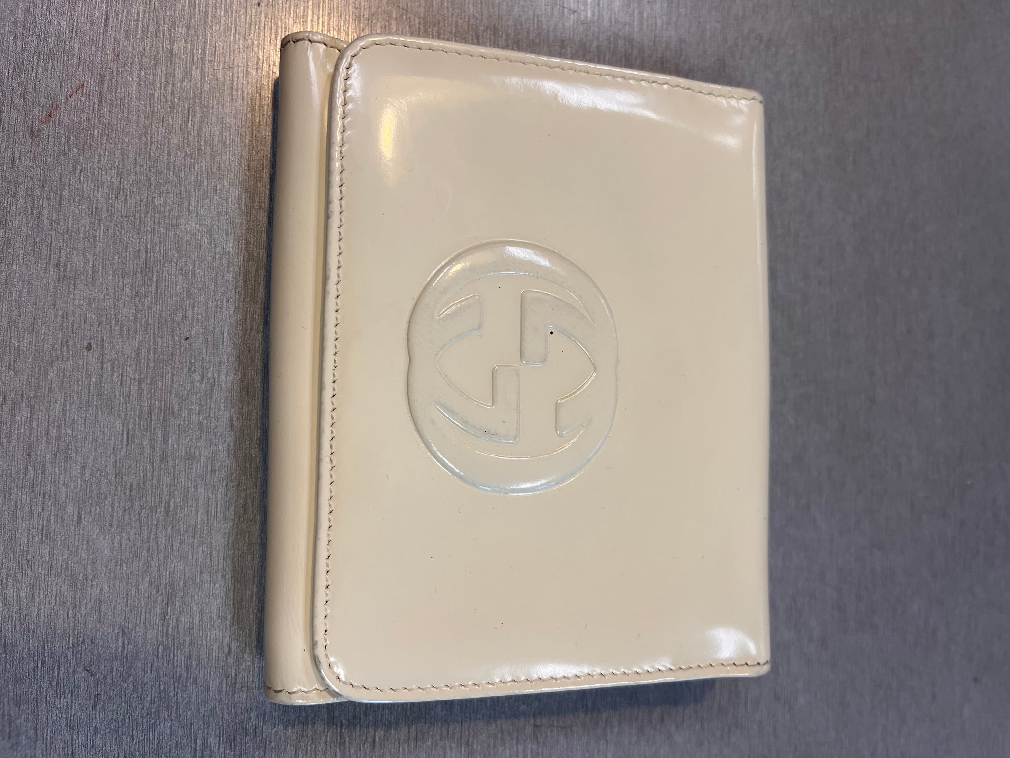 Gucci GG Trifold Wallet in White Patent Leather